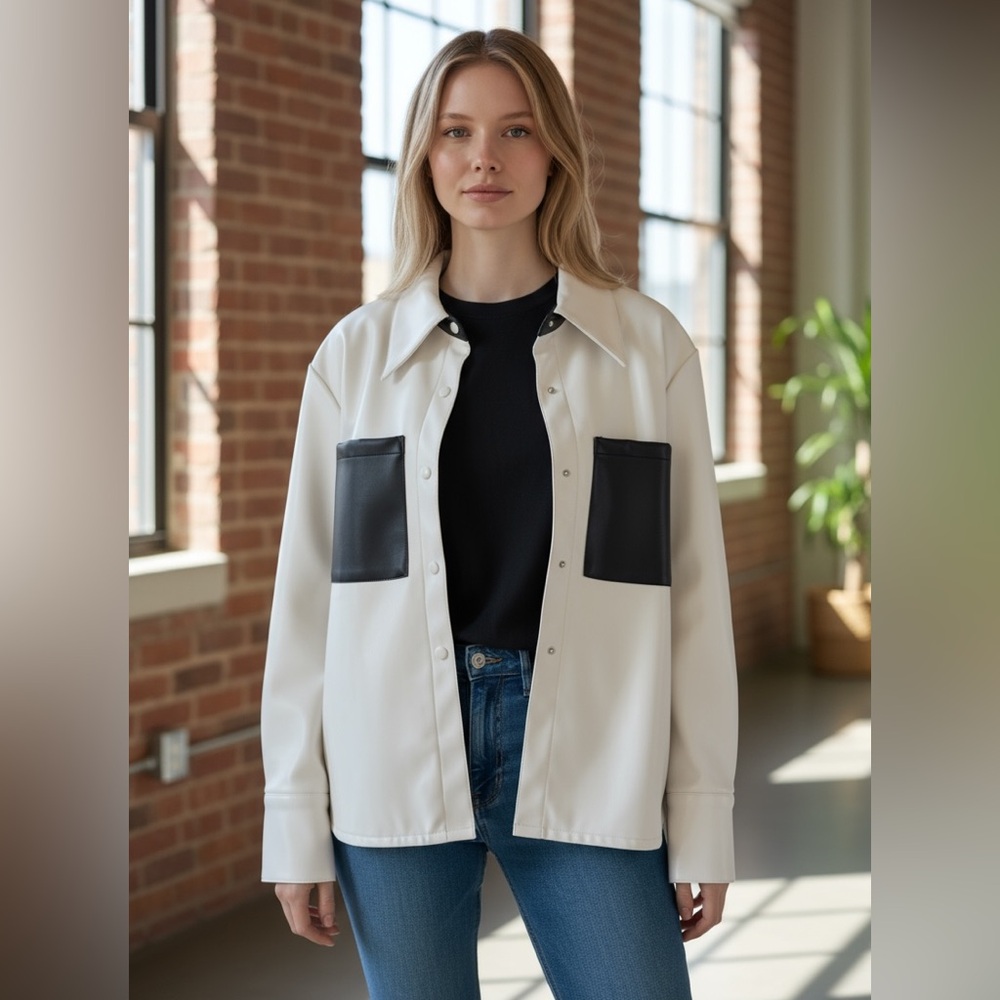 White and black Faux Leather Jacket